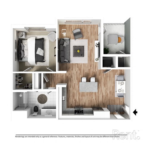 Floor plan for 1 bed, 1 bath, 779 sqft